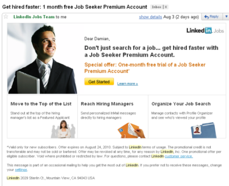 linkedin email august 3 2010 free month job seeker premium account